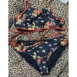 Sexy Plus Size Black Oriental Dragon Print Wrap‎ Around 2pc Swimsuit Bikini 4X